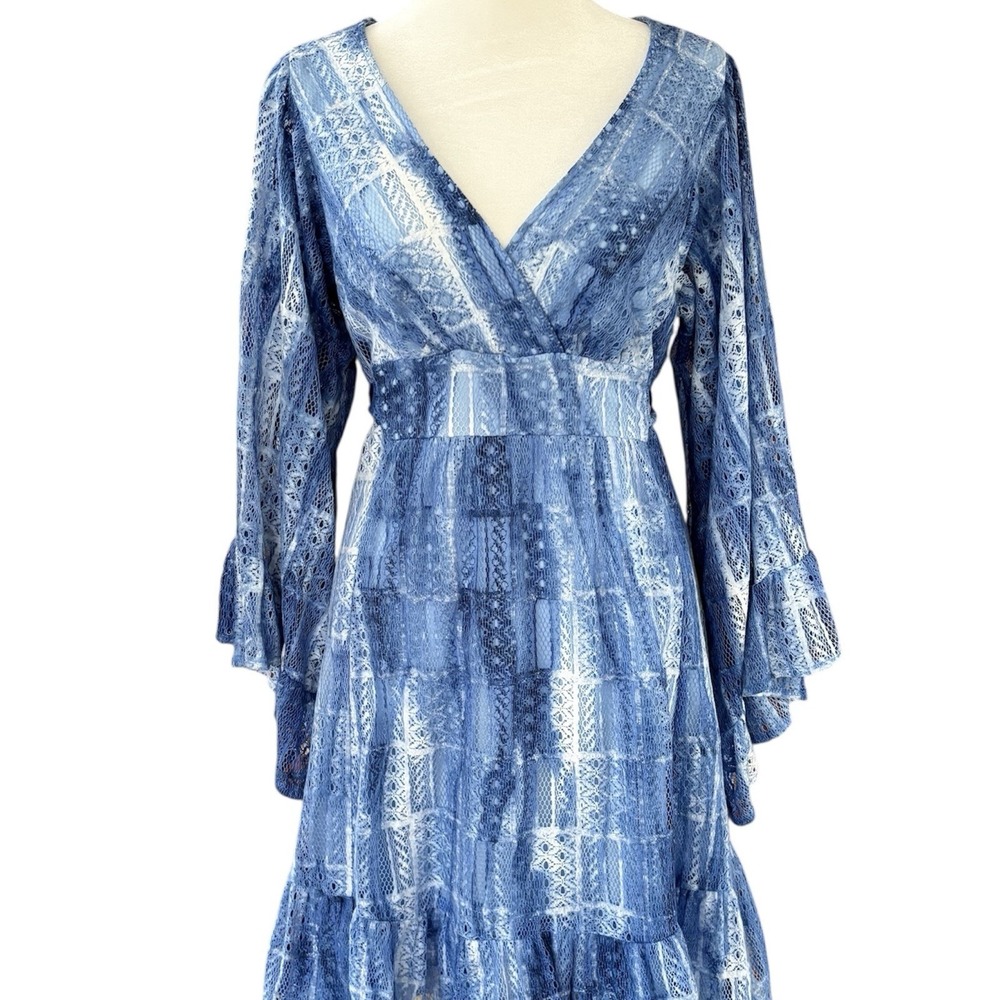 Betsey Johnson Bambi Lace Bell Sleeveโ Dress Blue White Womens 8 Y2K Hippie Boho